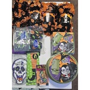 Lot of Halloween Party Supplies ‎ Napkins Plates Cups Treat Bags Garlands